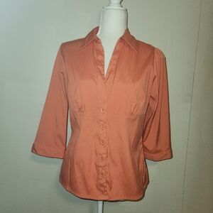 Antilia Femme Button Up 3/4 Sleeve Slim Fit Salmon Coral Pink Shirt Large L EUC